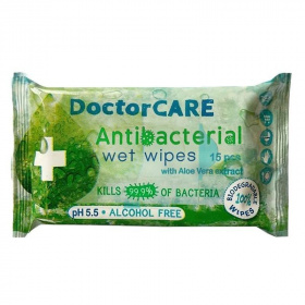 Doctor Care antibakteriális nedves törlőkendő (aloe, 100% biodegradable) 15db