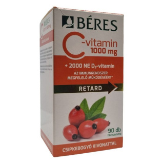 Béres C-vitamin 1000mg RETARD filmtabletta csipkebogyó kivonattal + 2000NE D3-vitamin 90db